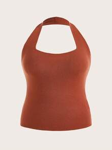 SHEIN BASICS 大碼素色吊脖針織上衣 - 鏽棕色 - 查看 6