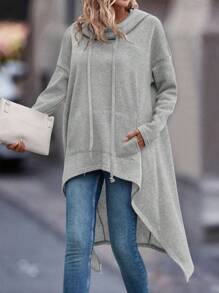 EMERY ROSE Kangaroo Pocket Drop Shoulder Drawstring Hoodie - Grey - View 3