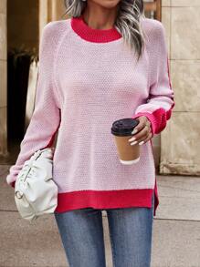 SHEIN LUNE Two Tone Raglan Sleeve Split Hem Sweater - Hot Pink - View 4