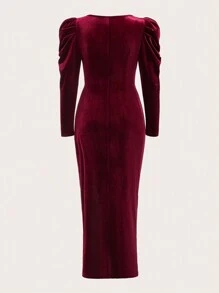 SHEIN Lady 羊腿袖高衩絲絨洋裝 - 酒紅色 - 查看 7