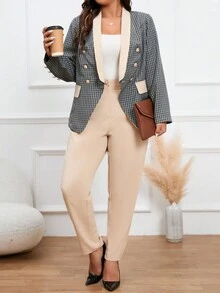 Calvaya Plus Plaid Print Shawl Collar Jacket & Pants - Multicolor - View 3