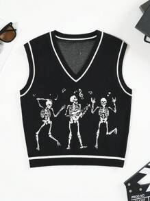 SHEIN EZwear Skeleton Pattern Sweater Vest Without Tee - Black - View 1