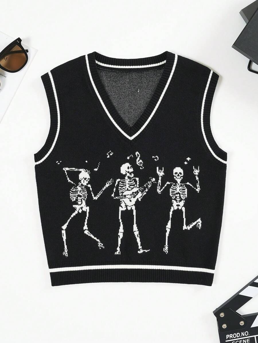 SHEIN EZwear Skeleton Pattern Sweater Vest Without Tee - Black - View 1