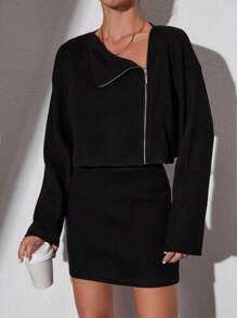 EURMUSE Waterfall Collar Drop Shoulder Jacket & Bodycon Skirt - Black - View 5