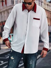 Manfinity Homme Men Plus Contrast Trim Pocket Patched Shirt - Red and White - View 5