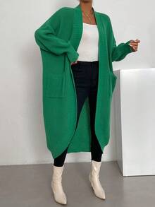 SHEIN Essnce Dual Pocket Drop Shoulder Belted Duster Cardigan - Green - View 5