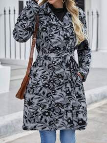 EMERY ROSE Allover Floral Print Belted Coat - Black and White - View 1