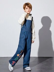 SHEIN Cậu bé Tween Đồ họa Chữ cái quần ống rộng Quần yếm Không có áo len - Nhiều màu - Xem 6