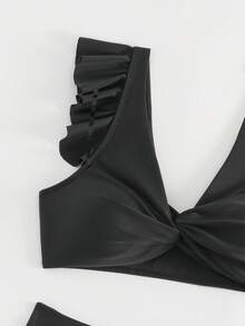 SHEIN Swim Women's Solid Color Lace Trim Twist Front Bikini Set - Black - View 4