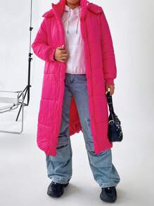 Flirla Plus Zip Up Hooded Padded Padded Coat Clothes Winter - Hot Pink - View 2