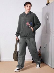 SHEIN 青少年男孩字母图案袋鼠口袋落肩卫衣 - 深灰色 - 查看 4