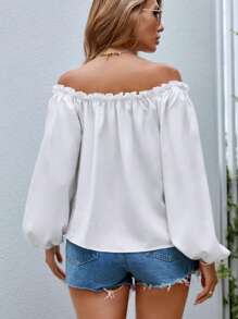 SHEIN VCAY Off Shoulder Frill Trim Lantern Sleeve Blouse - White - View 4