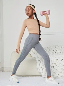 SHEIN Tween Girl Solid Crop Sports Tee With Thumb Hole - Coffee Brown - View 5