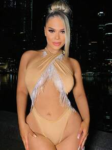 SHEIN SXY Fringe Trim Crisscross Backless Bodysuit - Apricot - View 4