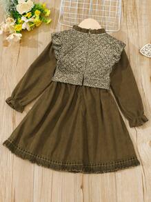 SHEIN Cô Gái Trẻ In hoa Ditsy Viền Ruffle tay áo lá sen Nơ mặt trước Đầm - màu nâu - Xem 2