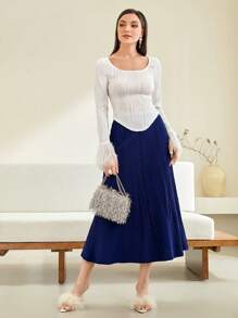 Modelyn Solid A-line Sweater Skirt - Royal Blue - View 4