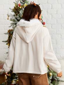 SHEIN EZwear Fuzzy Trim Hooded Drawstring Waist Plush Lined Jacket - Apricot - View 2