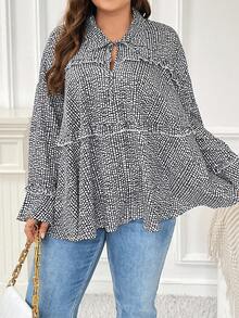 SHEIN Frenchy Hơn In Toàn bộ Cà vạt tay áo lá sen Lá sen tỉa Áo sơ mi - Đen và trắng - Xem 3