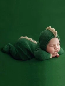 SHEIN 男嬰拼接邊連身褲&帽拍攝套裝 - 綠色 - 查看 1