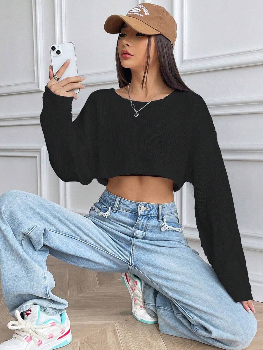 SHEIN Unity Áo len crop tay dài vai rớt, áo len dệt kim mùa thu đông. - màu đen - Xem 1