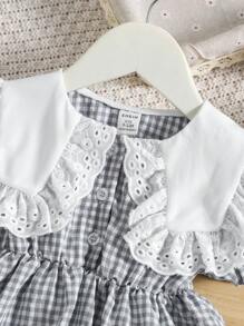 Baby Girl Gingham Print Statement Collar Puff Sleeve Ruffle Trim Dress, For Christmas - Grey - View 5
