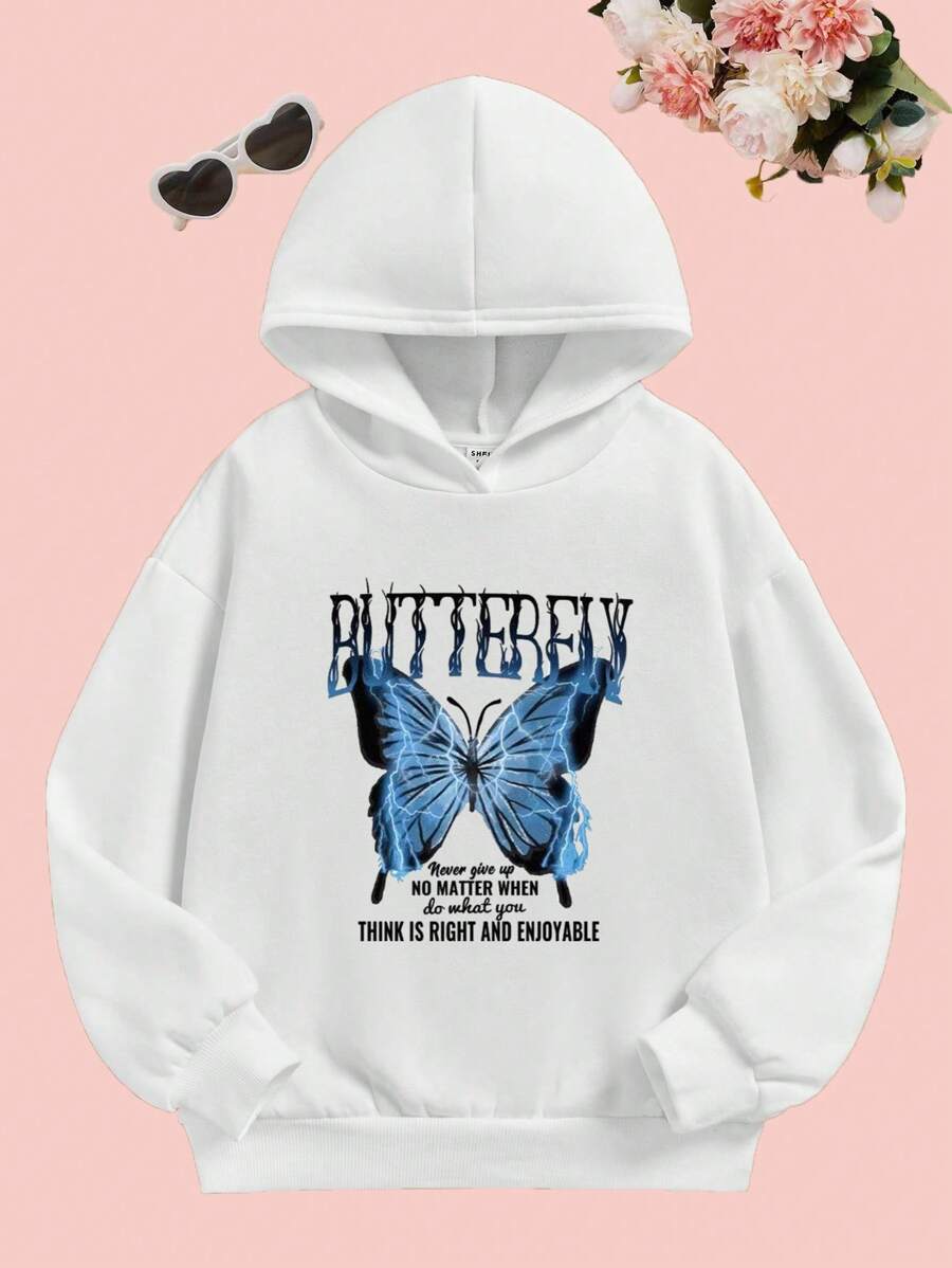 SHEIN 少女标语和蝴蝶图案卫衣 - 白色 - 查看 1