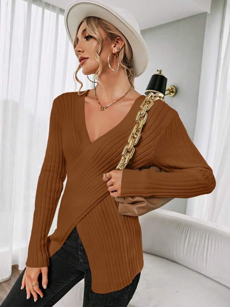 Crossover Ribbed Knit Pullover Fall Winter Sweater