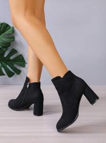 女士短靴2024秋冬新款尖头绒面粗跟短靴侧拉链靴切尔西靴 - 黑色 - 查看 1