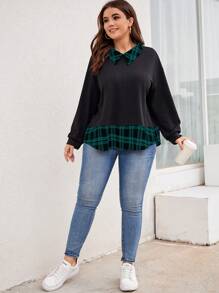 SHEIN LUNE 大碼格紋印花落肩袖二合一運動衫 - 墨綠色 - 查看 4