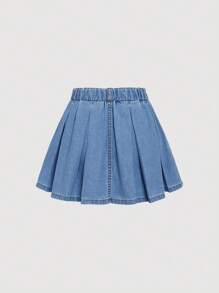 SHEIN Tween Girl Solid Color Pleated Denim Skirt, Casual Elastic Waistband