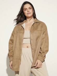 SHEIN BASICS Plus Button Up Hooded Coat - Khaki - View 5