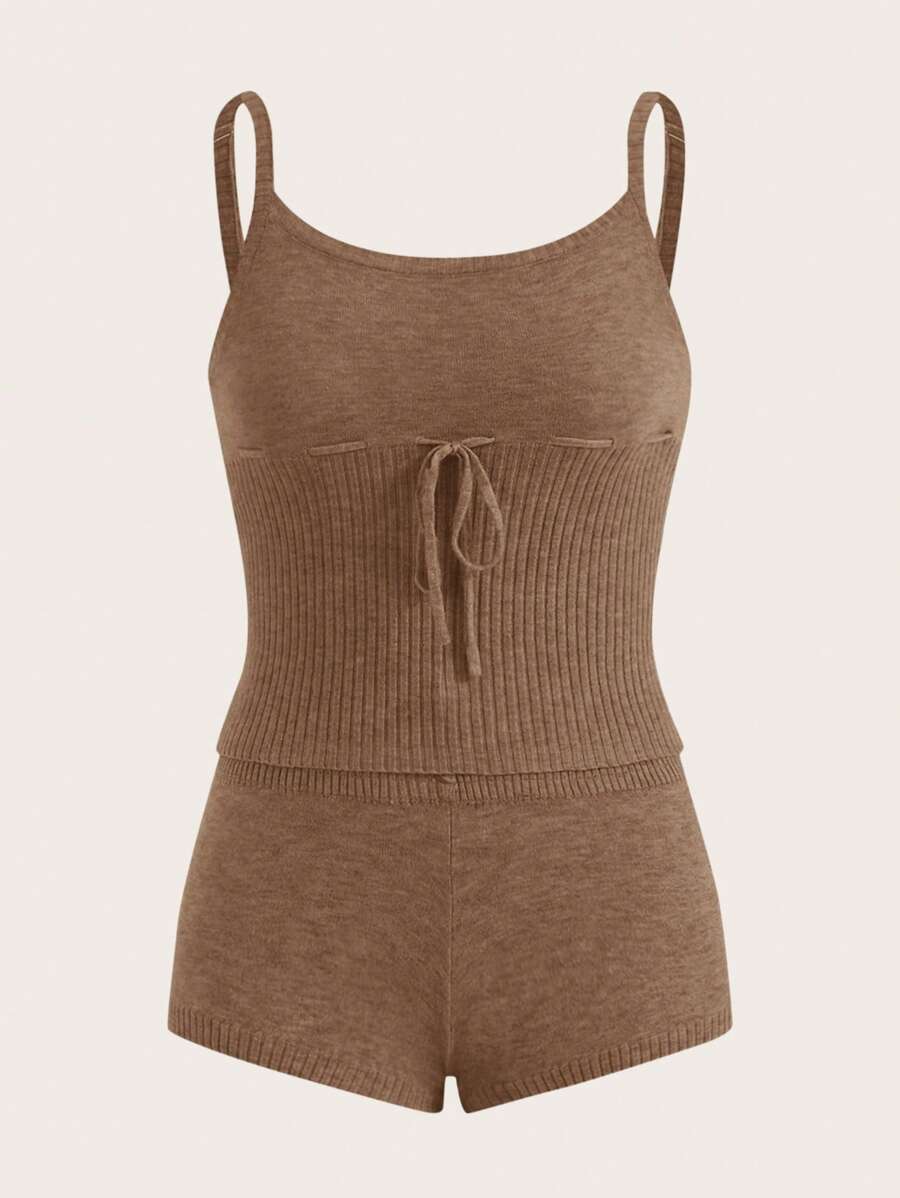 SHEIN MOD Solid Cami Knit Top & Knit Shorts - Khaki - View 1