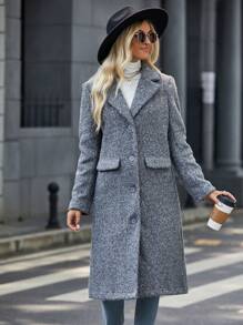 SHEIN LUNE Cổ áo Chi tiết về Flap Nút phía trước Áo khoác - Xám - Xem 6