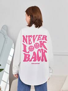 SHEIN 女性青少年提花純色後背字母圖案長袖襯衫 - 白色 - 查看 2