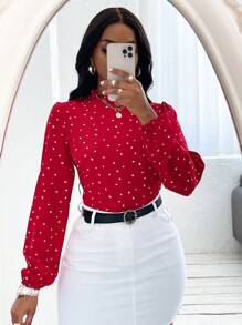 SHEIN Lady Heart Print Frill Trim Lantern Sleeve Blouse - Red - View 1