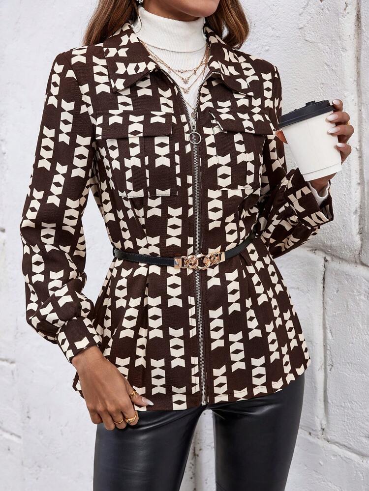 Allover Print Zip Up Coat Without Belt Fall Cloth For Women