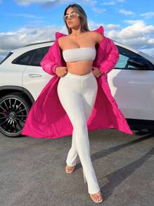 SHEIN SXY 冬季纯色拉链夹棉大衣 - 玫紅色 - 查看 3