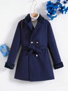 SHEIN Tween 女童时尚优雅羊毛材质拼接毛领系带大衣秋冬季 - 藏蓝色 - 查看 1