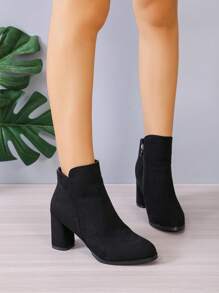 女士短靴2024秋冬新款尖头绒面粗跟短靴侧拉链靴切尔西靴 - 黑色 - 查看 2