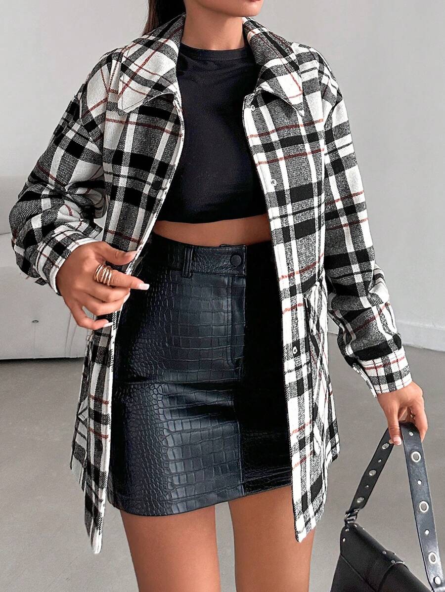 SHEIN Cottnline Women's Plaid Woolen Jacket - Black and White - View 1