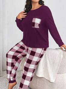 Plus Buffalo Plaid Print Pocket Patched Tee & Trousers PJ Set - Multicolor - View 1