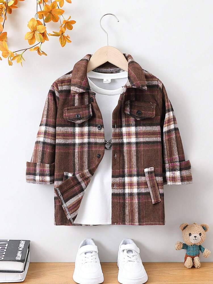 Young Girl Plaid Print Flap Detail Coat Without Tee