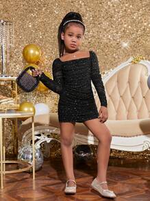 SHEIN Ragazza Tween 1 pezzo Abiti collo quadrato plissettato paillettes mesh