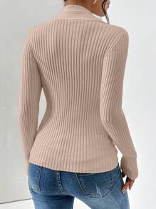 SHEIN Unity 前扭結條紋針織下擺開叉套頭毛衣 - 杏色 - 查看 2