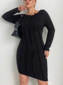 SHEIN Essnce 大碼接縫細節緊身洋裝 - 黑色 - 查看 3