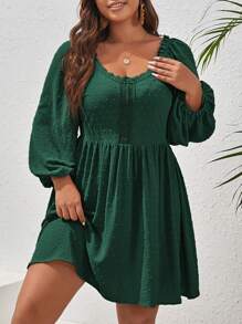 SHEIN VCAY 大碼圓點水溶蕾絲拼接燈籠袖洋裝 - 墨綠色 - 查看 1