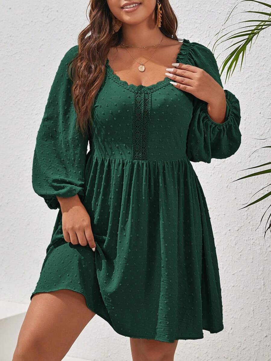 SHEIN VCAY 大碼圓點水溶蕾絲拼接燈籠袖洋裝 - 墨綠色 - 查看 1