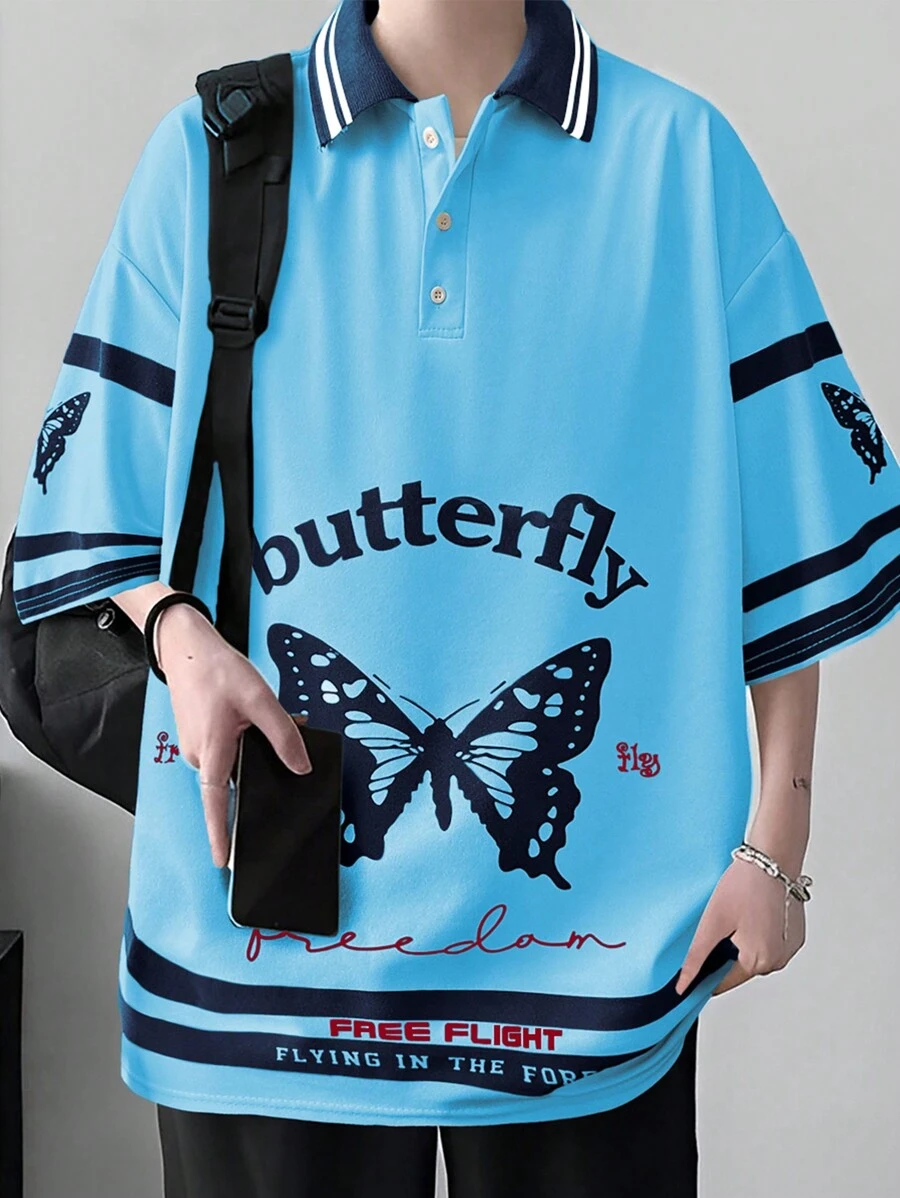 Manfinity Hypemode Nam Hoạt hình Bướm & Chữ cái Sọc trang trí Áo polo - Màu xanh lam - Xem 1