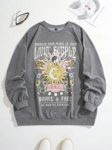 SHEIN EZwear Hơn mặt trời & Đồ họa Khẩu hiệu Thả vai Áo nỉ - Xám - Xem 1