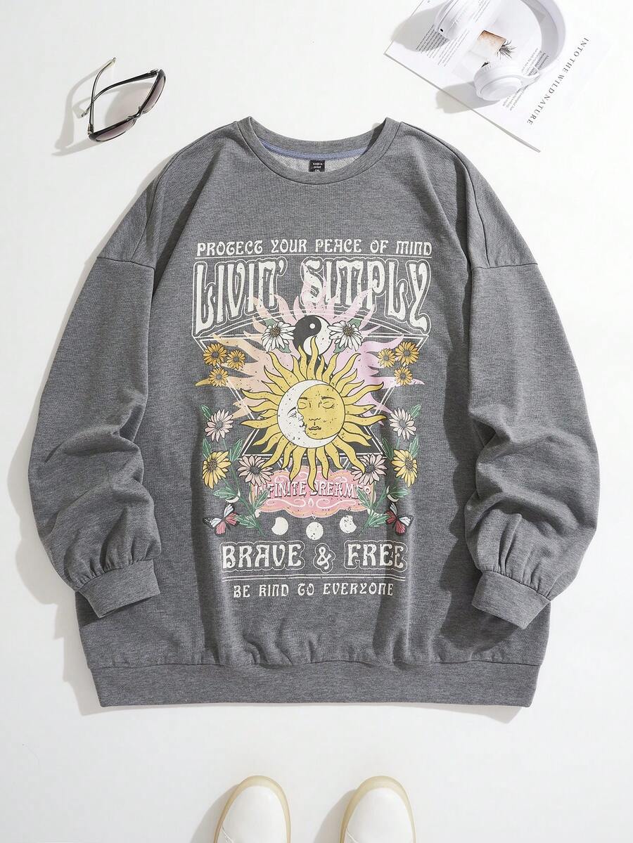 SHEIN EZwear Hơn mặt trời & Đồ họa Khẩu hiệu Thả vai Áo nỉ - Xám - Xem 1